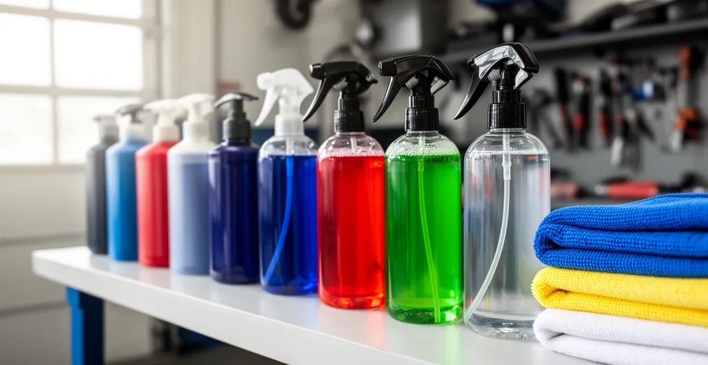 Flacons de shampoing, cire et polish alignés avec microfibres sur étagère de garage