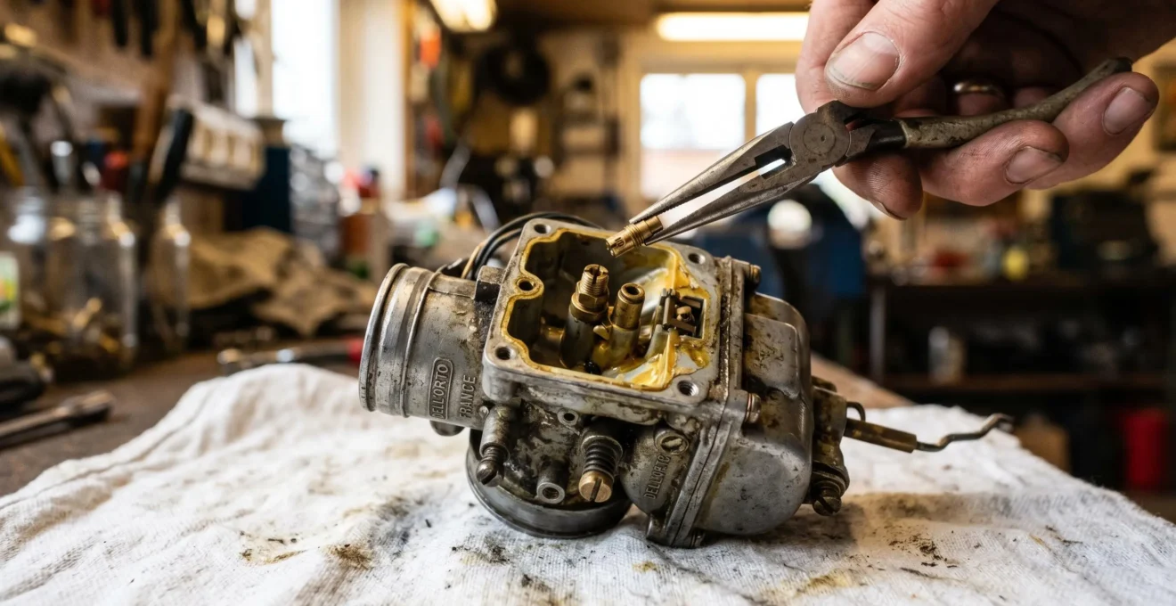 Carburateur de Solex déposé sur établi, gicleur tenu avec une pince fine, dépôts de gomme visibles