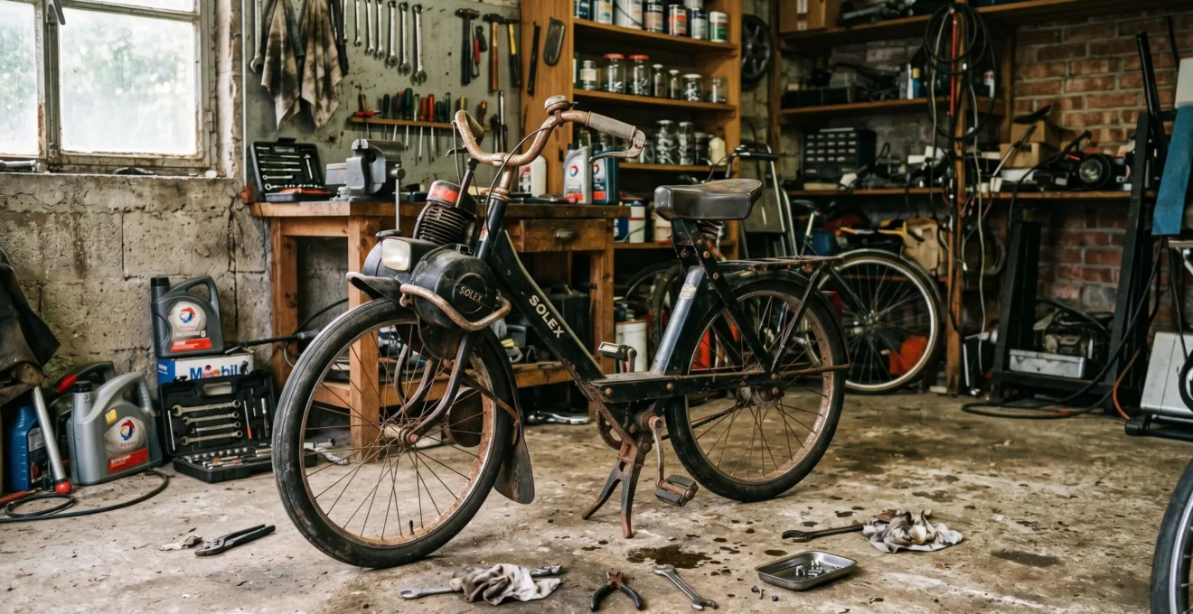 Solex 3800 posé sur une béquille dans un garage, outils de mécanique disposés au sol