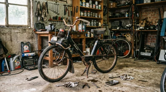 Solex 3800 posé sur une béquille dans un garage, outils de mécanique disposés au sol